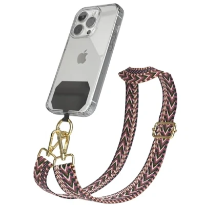 Abbildung von EAZY CASE Handykette Universal zum Umhängen kompatibel mit jedem Handy Kette Hülle kombinierbar Handykordel Karabiner für Handyhülle Handyband Bunt Boho Kordel Rosa Pink Gold