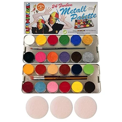 Abbildung von Eulenspiegel 224007 Profi Aqua Schminke, 24 Farben, 3 Pinsel, Schwämme, Metall Palette