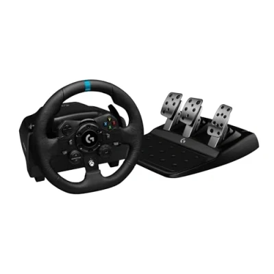 Abbildung von Logitech G G923 TRUEFORCE Gaming Rennlenkrad mit Pedalen, Kraftrückkopplung bis 1000 Hz, reaktionsschnelles Fahren, Doppelkupplungssystem, Echtleder Lenkrad, für Xbox Series XS, One, PC, Schwarz