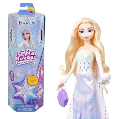Abbildung von Mattel Disney Die Eiskönigin Elsa Modepuppen Set, Spin &amp; Reveal mit 11 Überraschungen, darunter 5 Accessoires, Sticker und eine Szene zum Spielen, vom Film inspiriert, HTG25