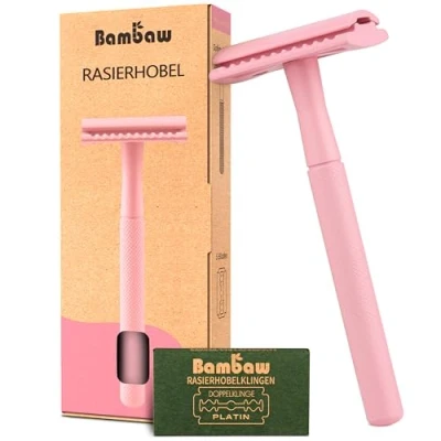 Abbildung von Bambaw Metall Rasierer Frauen und Herren mit 5 Rasierklingen Nassrasierer Damen Eco Rasierhobel Zero Waste Safety Razor Pink