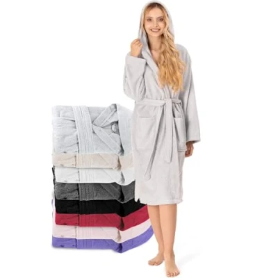 Abbildung von Bademantel Damen 100% Baumwolle (350g/m²) Oeko TEX® Zertifiziert Morgenmantel mit Kapuze, 2 Taschen, Gürtel Grau XS