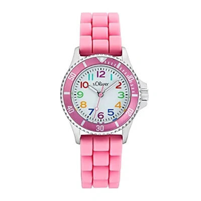 Abbildung von s.Oliver Armbanduhr Mädchen Kinder Quarzuhr Analog, mit Silikon Armband, Pink, 3 bar Wasserdicht, Kommt in Uhren Geschenk Box, 2033505