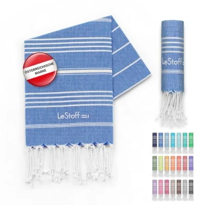 Abbildung von LeStoff Premium Hamamtuch 100% Bio Baumwolle Vorgewaschen, Nachhaltig, Saugstark &amp; Schnelltrocknend Strand, Bade, Dusch, Yoga, Spa Reise Tuch (50 x 100 cm, Sky Blue)