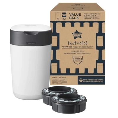 Abbildung von Tommee Tippee Twist and Click Advanced Windeleimer, Exklusives Angebot mit 2 Nachfüllkassetten, garantierter Geruchs und Keimschutz, großes Fassungsvermögen