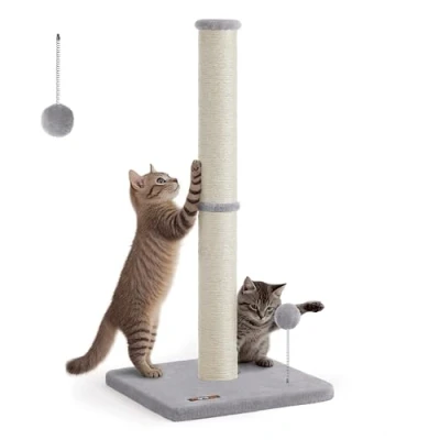 Abbildung von Feandrea Kratzbaum, 85 cm hoch, Kratzsäule, Katzenbaum, Kratzstamm für Kätzchen und Normale ausgewachsene Katzen, Sisalstamm, mit Plüschball Glocke, Taubengrau PCA040G01