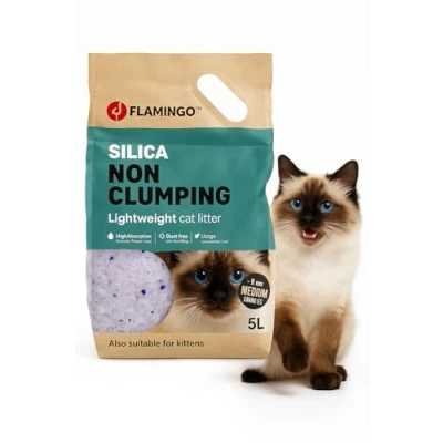 Abbildung von Flamingo Katzenstreu Silica Medium Körnung 5L (Hält bis zu 6 Wochen) Staubfrei, Hochabsorbierend und Langanhaltend Perfekt für Hauskatzen Sensible Katzen