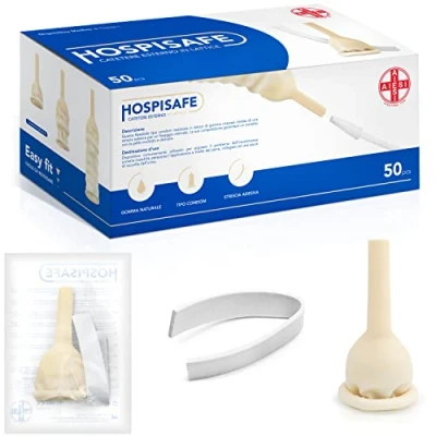 Abbildung von AIESI® Externer Latexkatheter für männer mit klebestreifen durchmesser 25 mm einzeln verpackt HOSPISAFE (Packung 50 Stück)
