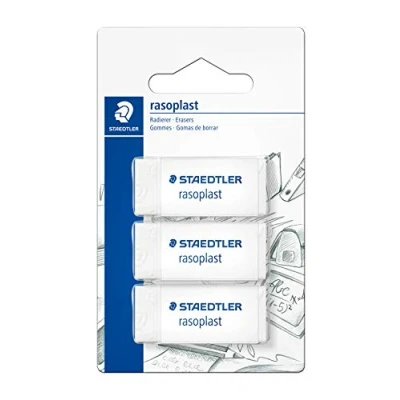Abbildung von STAEDTLER 526 B3BK3D Radierer rasoplast phtalat und latexfrei,, 19 x 13 43 mm, 3 Stück auf Blisterkarte, weiß
