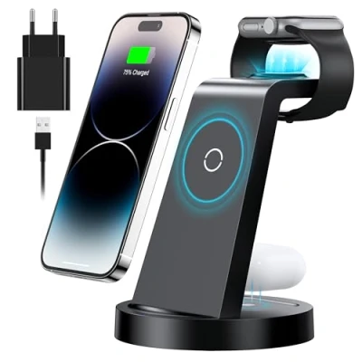 Abbildung von 3 in 1 iPhone Ladestation Schnelles Kabelloses Ladegerät für Apple Wireless Charger 16 15 14 13 12 11 Pro SE X XS XR 8 &amp; Watch 9 7 6 5 4 2 Air Pods mit 18W Fast Adapter
