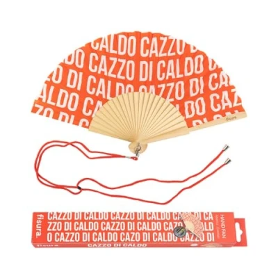 Abbildung von FISURA Origineller Handfächer mit der Botschaft C*azzo di caldo. Moderner und lustiger Holzfächer. Roter Fächer Muster. Fächerhalter. Maße: 42,5 x 23 cm.