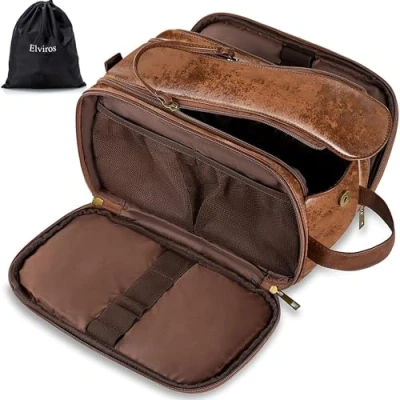 Abbildung von Elviros Kulturbeutel PU Leder für Herren große wasserdichte Reise Kulturtasche Waschtasche im Bade Kosmetiktasche mit einem Nass Trockenbeutel (Dunkel Braun)