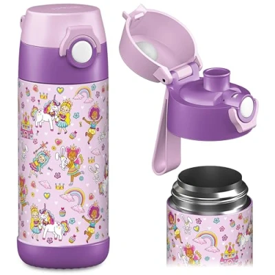 Abbildung von Jarlson® Trinkflasche Kinder Thermo Edelstahl Wasserflasche BPA frei auslaufsicher Kinderflasche mit Chug Deckel Flasche für Schule, Kindergarten 350ml (Prinzessin, 350 ml)