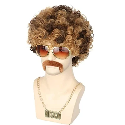 Abbildung von Topcosplay 3er Set Herren Perücke 70er Jahre Disco Dude Dirt Bag Halskette &amp; Schnurrbart kurz gelockt Afro Shaggy Blond Mix Schwarz