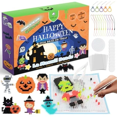 Abbildung von La Manuli Bügelperlen Set Halloween 6000 Perlen, 13 Farben (Neon, Glitzer und Leuchtend im Dunkeln) mit Platte Zubehör Muster, Steckperlen jeder Marke Kompatibel, Basteln Box