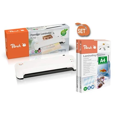 Abbildung von Peach Laminiergerät A4 inkl. 210 gratis Laminierfolien doppelt so schnell startklar als andere laminiert mehr 1,5 Seiten pro Minute geeignet für alle handelsüblichen Folien PL750