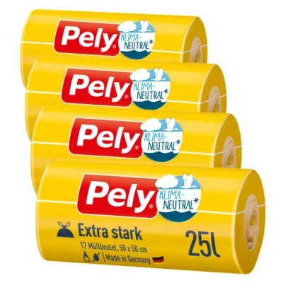 Abbildung von Pely Zugband Müllbeutel extra stark, Vorteilspack (4 x 17 Stück), gelb, für die Entsorgung von Restabfall (25 Liter)