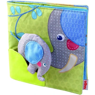 Abbildung von HABA 300146 Stoffbuch Elefant Egon, weiches Knisterbuch mit vielen Fühl und Spieleffekten, wunderschön gestaltetes Babyspielzeug ab 6 Monaten