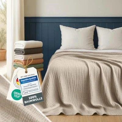 Abbildung von Blumtal Tagesdecke Baumwolle 200x230 cm Musselin Decke OEKO TEX zert. Bettüberwurf Couch Überwurf leichte Kuscheldecke 100% Decken Überwurfdecke Creme Weiß