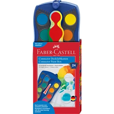 Abbildung von FABER CASTELL 125020 Farbkasten CONNECTOR mit 24 Farben, inklusive Deckweiß, Pinselfach und Namensfeld, blau, 1 Stück
