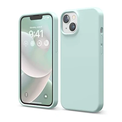 Abbildung von elago Schutzhülle für iPhone 14, Flüssigsilikon, Ganzkörper Schutzhülle, stoßfest, schlanke Handyhülle, kratzfestes, weiches Mikrofaserfutter, 15,5 cm (6,1 Zoll), Minzgrün