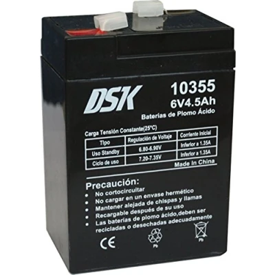Abbildung von DSK 10355 Versiegelte wiederaufladbare AGM Bleibatterie mit 6 V und 4,5 Ah. Ideal für Haushalts Industriealarme, elektrisches Spielzeug, Zäune, Waagen Mobilitätsgeräte, Schwarz