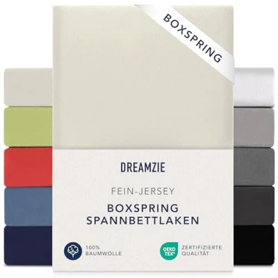 Abbildung von Dreamzie Premium Spannbettlaken 90x200 cm 100x200 37cm Seitenhöhe auch für Boxspringbett &amp; Wasserbett Bettlaken 100% Jersey Baumwolle, 150 g/m² Oeko TEX Beige
