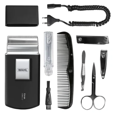 Abbildung von WAHL Travel Shaver Kit, wiederaufladbar, Rasierer, inkl. Zahnbürste, Nagelfeile, Nagelschere, Pinzette, Kamm, perfekt für Reisen, klein, Reiseetui