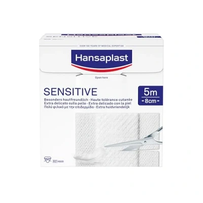 Abbildung von Hansaplast Sensitive Pflaster (5 m x 8 cm), zuschneidbare und hautfreundliche Wundpflaster mit sicherer Klebkraft, schmerzlos zu entfernende
