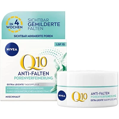 Abbildung von NIVEA Q10 Anti Falten + Porenverfeinerung extra leichte Tagespflege (50 ml), straffende Tagescreme mit LSF 15, Gesichtspflege für Mischhaut und Algenextrakt