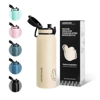 Abbildung von UZSPACE Kinder Trinkflasche Edelstahl 700ml, doppelwandige Isolierflasche mit Klappdeckel, Ein Klick Verschluss, Auslaufsicher, Metall Wasserflasche Mädchen Jungen für Uni Schule Sport wandern Auto
