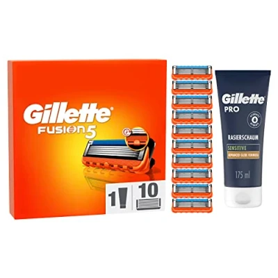 Abbildung von Gillette Fusion 5 Rasierklingen und Bartpflege Set, 10 Ersatzklingen für Nassrasierer Herren + PRO Sensitive Rasierschaum 175 ml, Geschenk Männer