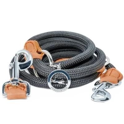 Abbildung von FREUDENTIER® Hundeleine 2m für mittelgroße &amp; große Hunde 3 Fach verstellbar Führleine aus robustem Nylon abgerundet mit stilvollen braunen Lederelementen (schwarz)