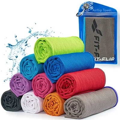 Abbildung von Fit Flip Kühltuch Airflip Towel das kühlende Sporthandtuch als Cooling und mikrofaser Ice Kühlhandtuch für Fitness Sport (grau Blauer Rand, 100x30cm)