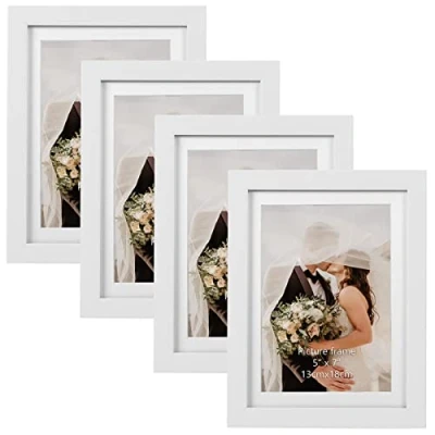 Abbildung von EXYGLO 4er Set Bilderrahmen 13x18 cm mit Passepartout oder 15x20 ohne Passepartout, Elegante Fotorahmen weißen Holzmaserungsrahmen, Wand Tischaufsteller