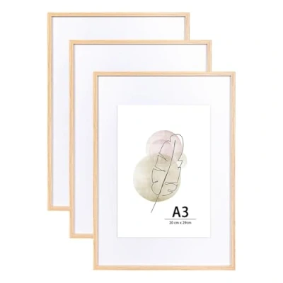 Abbildung von KAIWIN Bilderrahmen A3 Eichenholz Holz Fotorahmen 3er Set MDF mit Acrylglas zum aufhängen Benutzt für Wohnzimmer, Schlafzimmer, Arbeitszimmer, Fotos, Kunstwerke und Poster