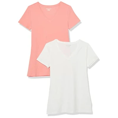 Abbildung von Amazon Essentials Damen T Shirt mit kurzen Ärmeln und V Ausschnitt in normaler Passform, 2er Pack, Pfirsich/Weiß, XXL