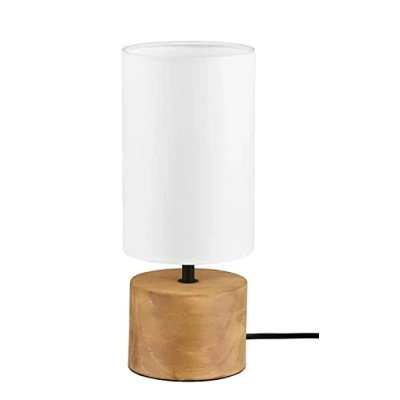 Abbildung von Reality Leuchten Tischleuchte Woody R50171930, Metall Schwarz matt, Fuß Holz, Stoffschirm schwarz/goldfarbig, exkl. 1x E27