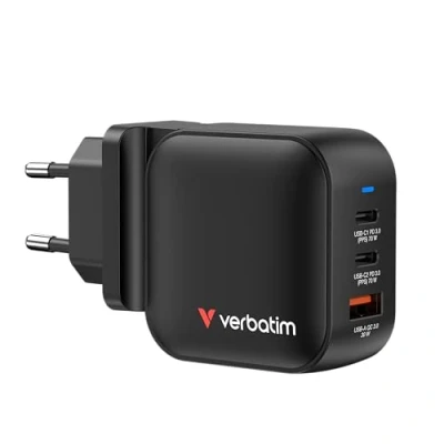 Abbildung von Verbatim Mini GaN Charger 70 W, 3 Ports USB C Ladegerät, Power Adapter mit 2 x und 1 A, Schnellladegerät als Mehrfachstecker, für Apple iPad, iPhone, Samsung &amp; Co, EU, UK, USA