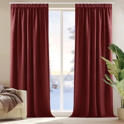 Abbildung von Deconovo Blickdichte Vorhänge Gardine mit Kräuselband Schlafzimmer Balkon Fensterdeko Gardinen, 240x140 cm(HöhexBreite), Rot, 2er Set