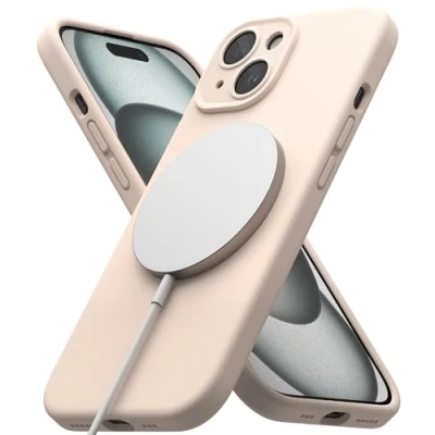 Abbildung von Ringke Magnetic Case Kompatibel mit iPhone 15 Hülle 6,1 Zoll MagSafe [Silicone Magnetic] Kameraschutz und Weiches Gefühl Silikon Magnetische Handyhülle Pink Sand