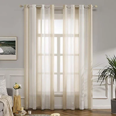Abbildung von MIULEE Gardinen Gestreift Transparent mit Ösen, Voile Vorhänge Wohnzimmer Modern 2er Set, Vorhang Schlafzimmer Beige Weiss Muster, Halbtransparent Streifen 140X225 cm