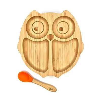 Abbildung von Kleiner Fuchs Hochwertiges Bambus Teller mit Saugnapf, Rutschfestem Saugnapf passendem Baby Löffel Macht Mahlzeiten Spaß, Geschirr Set Geschenkbox Essenlernen Eule Design