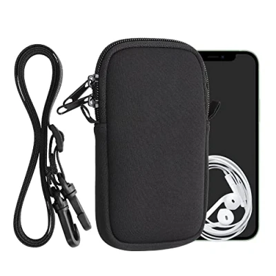 Abbildung von kwmobile Handytasche für Smartphones M 5,5&quot; Neopren Handy Hülle Schwarz mit Kordel Tasche Handykette 15,2 x 8,3 cm Innenmaße