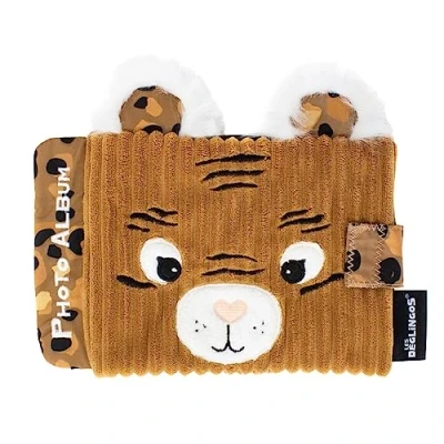 Abbildung von Les Déglingos Fotoalbum, Baby, Speculos der Tiger, 10 Taschen, Lernspielzeug für Babys, Babypflege, recycelte Polsterung, Braun