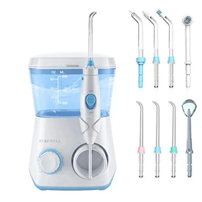 Abbildung von TUREWELL Munddusche,Elektrische Zahnzwischenraumreiniger mit 10 Druckstufen und 8 Düsen ,IPX7 Wasserdicht Oral Irrigator, 600ML Wasser Flosser für Zuhause(Weiß)