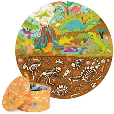 Abbildung von boppi Dinosaurier Rundes Puzzle aus 100% recyceltem Karton, T rex Stegosaurus und Triceratops Fossilien 150 Teile für Kinder 3 4 5 6 7 8 Jahre, 58cm Durchmesser