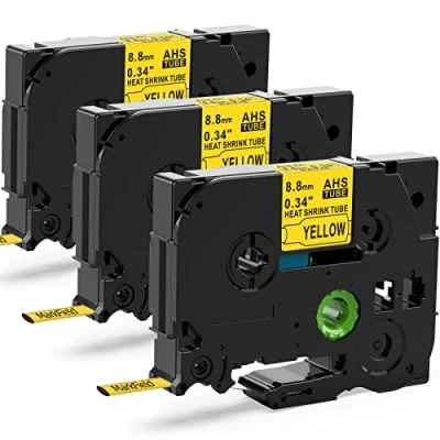 Abbildung von 3x MarField HSe 621 8.8mm Schrumpfschlauch Schriftband Kompatibel mit Brother P touch HS HSe621 Heat Shrink Tube Bänder Schwarz auf Gelb Etikettenband für PT E110 E300/VP E550W/WVP P750WVP