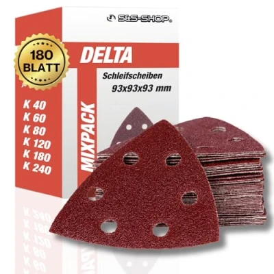 Abbildung von Delta Schleifdreiecke mit Klett, 180 Blatt, 93 x mm, 6 Löcher, je 30 Korn 40, 60, 80, 120, 180, 240, für Deltaschleifer &amp; Multischleifer, Schleifpapier, Staubabsaugung