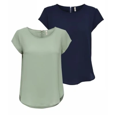 Abbildung von ONLY Damen ONLVIC S/S SOLID 2 Pack TOP, Blusenshirt, Kurzarm, Desert Sage/Navy Blazer, 44